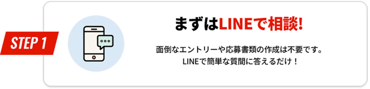 STEP1 まずはLINEで相談！ 面倒なエントリーや応募書類の作成は不要です。LINEで簡単な質問に答えるだけ！