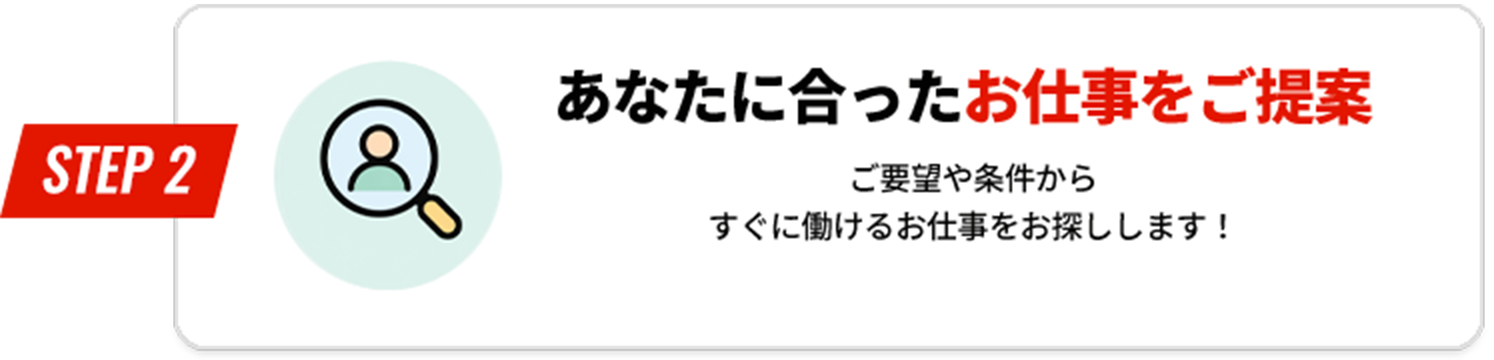STEP2 あなたに合ったお仕事をご提案 ご要望や条件からすぐに働けるお仕事をお探しします！