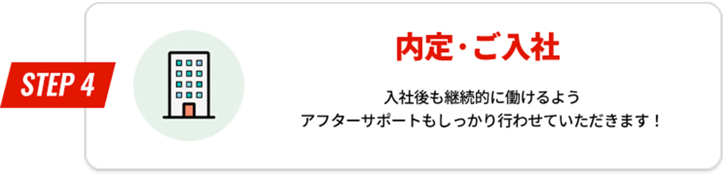 STEP4 内定・ご入社 入社後も継続的に働けるようアフターサポートもしっかり行わせていただきます！